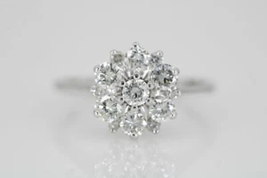 Vintage 14K White Gold VS2 1.00 TCW Diamond Flower Cluster Ring Size 6.5 - Picture 1 of 10