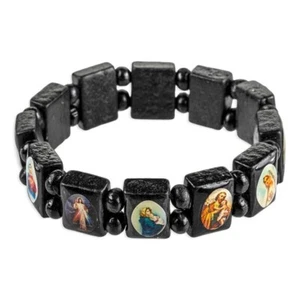 Black Wood with Color Pictures of Saints Stretch Bracelet 771 - Picture 1 of 1