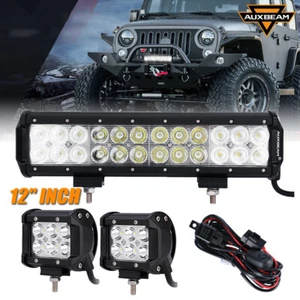 AUXBEAM 12" 72W ComboLED Light Bar+2X 4" LED Work Driving Light+Wiring For Jeep - Picture 1 of 12