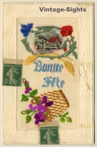 Bonne Fête: Flowers, Basket & House (Vintage Embroidered PC ~1910s) - Imagen 1 de 1