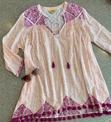 ROBERTA ROLLER RABBIT Pink Batik 3/4 Sleeve Tassel Tie & Trim Cotton Kurta Top M - Image 1 of 4