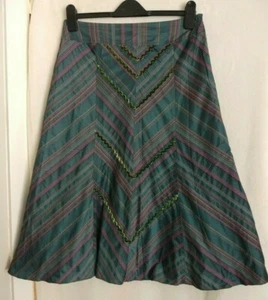 MARKS AND SPENCER green aqua striped skirt velvet ribbon trim size 12 vgc - Picture 1 of 9