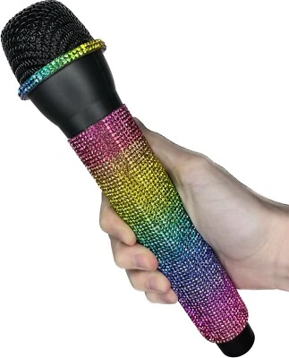 Micrófono de utilería con diamantes de imitación arco iris - Accesorio de disfraz brillante hecho a mano - Negro Foto 1 de 4