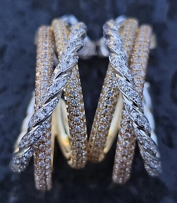 David Yurman Diamond Hoop Earrings Pave Flex Shrimp 3 Row 18k Rose White $7500 - Image 1 of 4