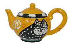 Laurel Burch Ceramic Yellow Black Cat Polka Dots Orange Swirls Coffe Tea Pot