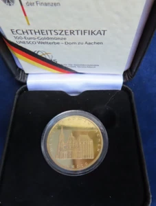 BRD 100 Euro 2012 F Unesco Welterbe Dom zu Aachen 1/2 Unze 999 Gold Au im Etui - Bild 1 von 6