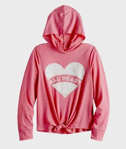 SO Girls Top Pink 18 Plus Pullover Hood Long Sleeve Front Tie Knot Heart Graphic - Picture 1 of 11