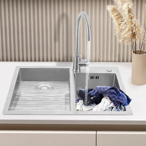 New Stainless Steel Laundry Sink with Faucet & Washboard 2 Basins Welding Sink - Picture 1 of 24