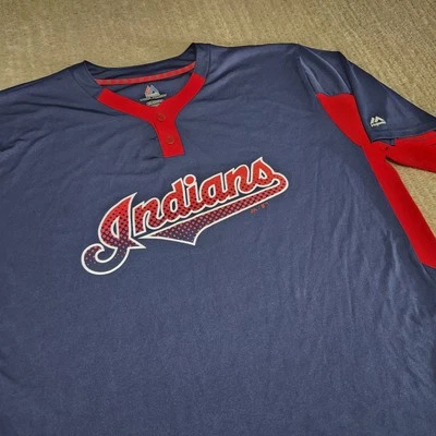 Cleveland Indians Jersey Men 2XL Blue Cool Base MLB Baseball Performance Henley - Image 1 of 4