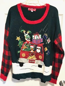 33 Degrees Womens XL Christmas Ugly Sweater Santa Elves Truck Reindeer Bells - Picture 1 of 6