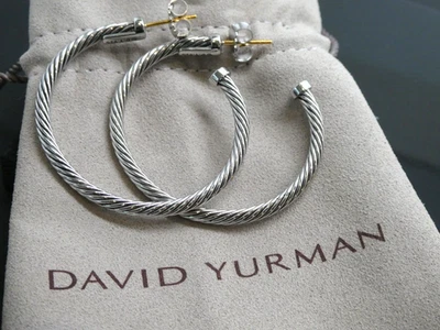 David Yurman Sterling Silver 925 & 14k Yellow Gold Cable Hoop Post Earrings - Image 1 of 4