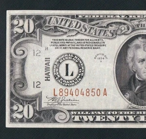 GORGEOUS L-A BLOCK 1934A $20 HAWAII NOTE!!  NO PINHOLES OR TEARS  - Picture 1 of 3