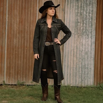 Gabardina vaquera larga vintage 725 originales chaqueta vaquera dobladillo crudo occidental Y2K M Foto 1 de 4