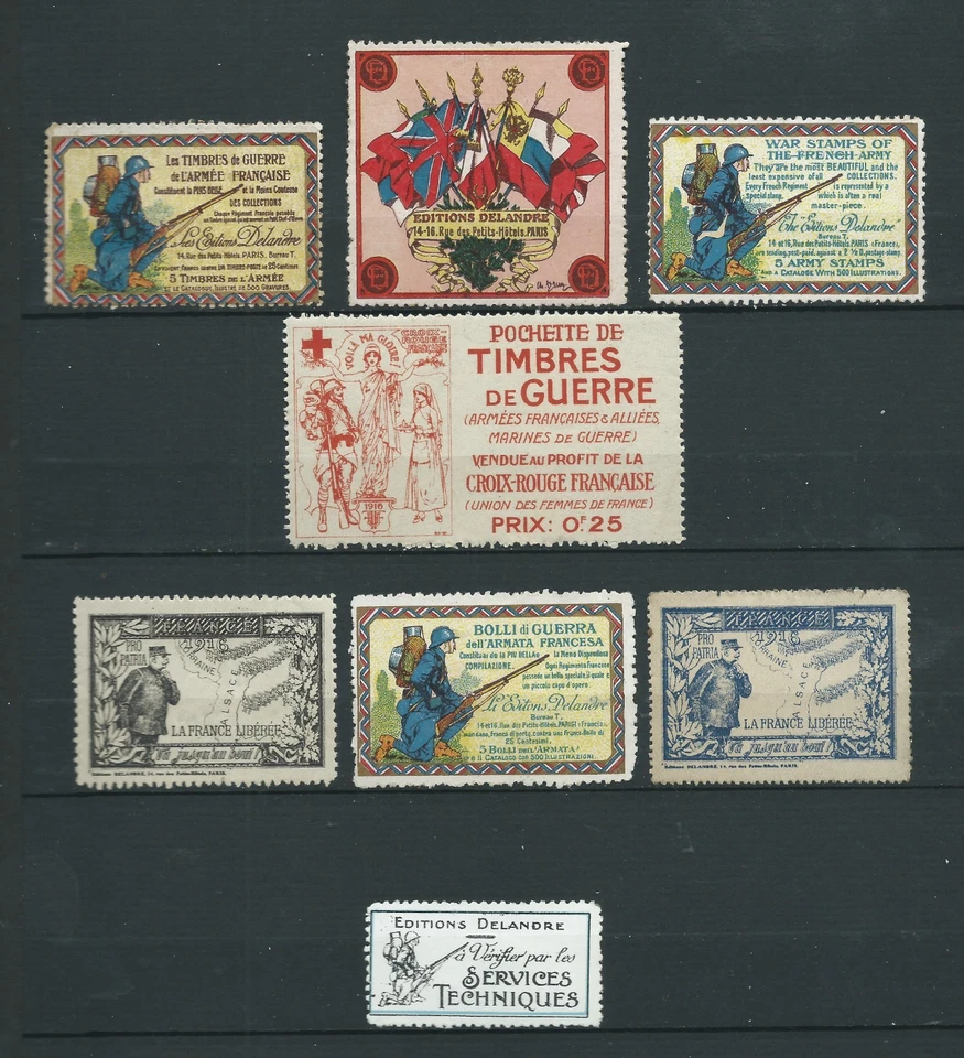 FRANCE 8 vignettes DELANDRE Cinderellas poster stamps WWI 1914 1918 - Photo 1/1