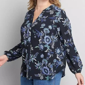 Lane Bryant Black Jacobean Floral Long Sleeve Flowy Hidden Button Top 24 NWT - Picture 1 of 10