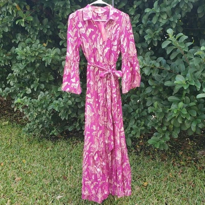 Lilly Pulitzer Cardi Silk Maxi Dress Women 4 Pink Bordeaux Berry Metallic Floral - Image 1 of 4