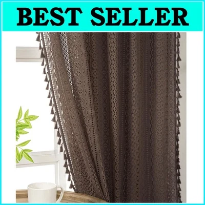 Cortinas de Bolsillo Boho Crochet Encaje Marrón Semi Transparente Varilla - 2 Paneles, 84 Pulgadas Foto 1 de 4