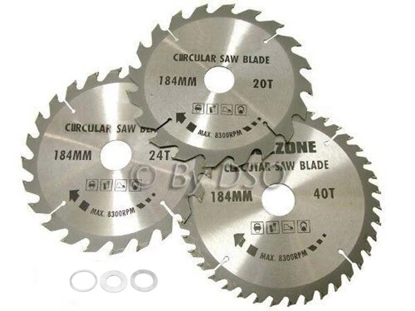 365-ONLINE 3PC 184MM TCT CIRCULAR SAW BLADES 20, 24 & 40 TEETH WITH ADAPTER O RINGS 185MM