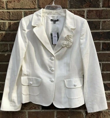 NWT Ann Taylor Linen Jacket w/ Pin - Size 12 - Cream / Ivory/ White - MSRP  $168 - Image 1 of 4