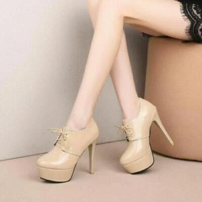 Mujer Tacones Altos Con Cordones Plataforma Imitación Cuero Zapatos Vestido Fiesta Oficina OL Bomba Foto 1 de 4