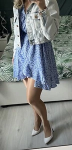 Summer Floral White Blue A Line Dress Size M L New - Picture 1 of 13