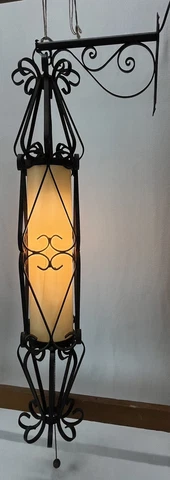 Vintage 34” MCM Spanish Medieval Gothic Wrought Iron Hanging Wall Sconce Light Cover