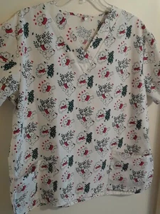 Bless-U M White Teddy Bears Holly Scrub Top Winter Christmas 2 Pockets USA VTG - Picture 1 of 7