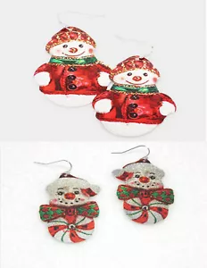 CHRISTMAS- PEPPERMINT PRINT SNOWMAN-RED COAT SNOWMAN DANGLE EARRINGS: LARGE - Picture 1 of 12