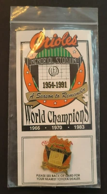 1991 MLB Baltimore Orioles, Toyota SGA Lapel Hat Pin 1954-1991 Memorial Stadium - Image 1 of 4