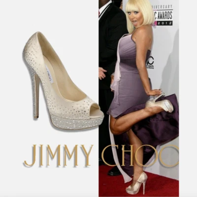 $1650 Jimmy Choo Bombas Desnudo Beige Satinado Cristal Azúcar Adornado Peep Toe Talla 9 Foto 1 de 4