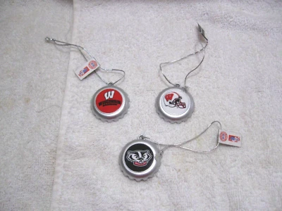 3 WISCONSIN BADGERS NCAA Licensed Bottle Cap Design Ornaments Bucky Madison UWM - Image 1 of 4