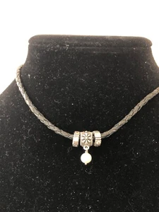 Pandora Woven Leather Barrel Clasp CHOKER/2 Spacers/1 Flower Hanging Pearl Charm - Picture 1 of 7