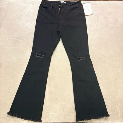 YMI High Rise Super Flare Jeans Womens Sz 11 Black Raw Hem Distressed Knees - Image 1 of 4