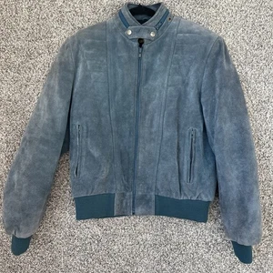 Geronimo Suede Aviator Bomber Jacket in Blue Men’s Size 40 Large Hideaway Hood - Picture 1 of 13