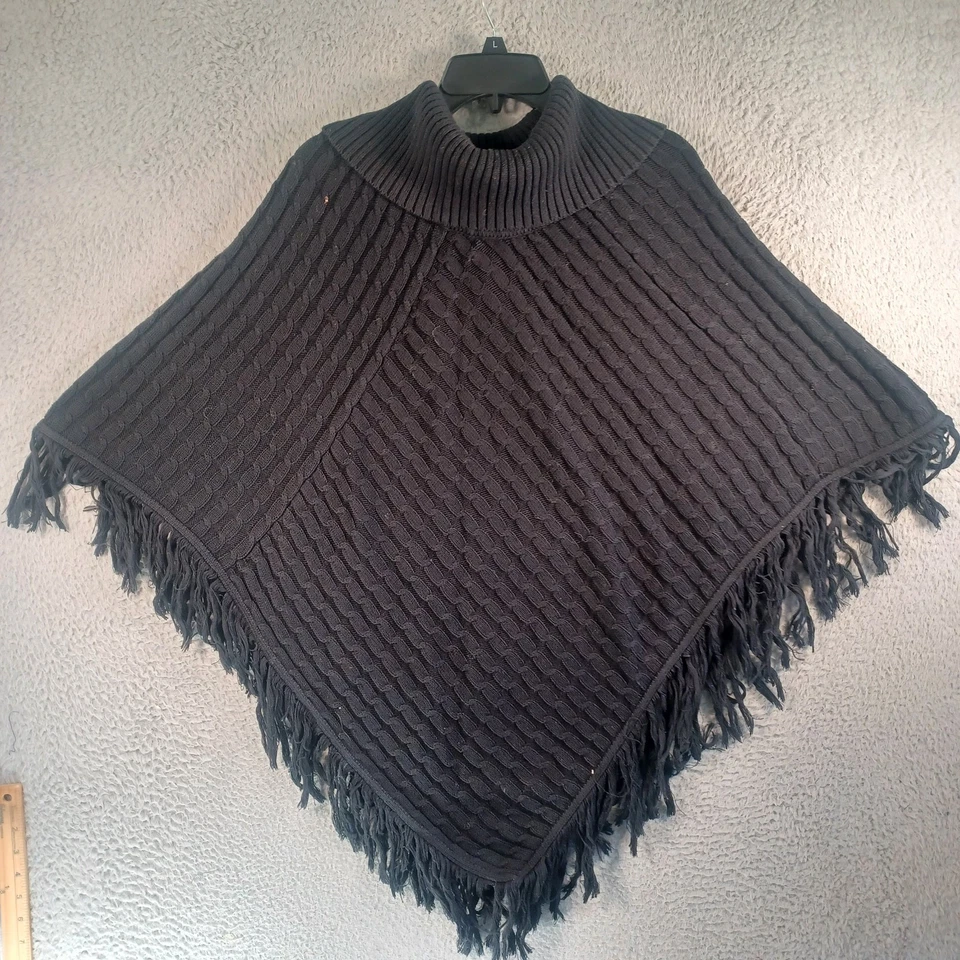 Jaclyn Smith Womens Black Turtleneck Sweater Poncho Size Large Knit Tassled Soft - Image 1 of 4
