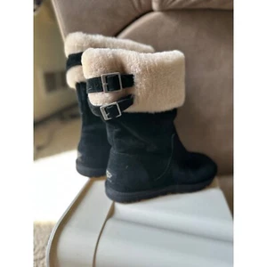 UGG Australia Suede Boots Shearling Cuff Buckle Accent Black Women's Size 7 - Picture 1 of 11