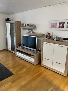 Wohnzimmerschrank Set Eiche sägerau Front Hochglanz,Vitrine,Fernsehbank,Kommode, - Bild 1 von 5