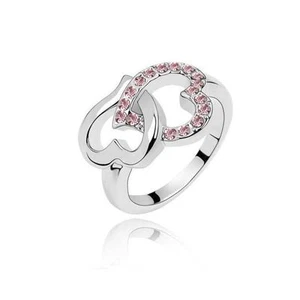 Women's Silver Love Intertwined Heart Ring Pink Stones Chained Heart Diamante - Picture 1 of 3