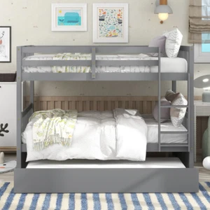Full Over Full Bunk Bed Wood Bunk Bed Frame with Trundle,Saving Space,Gray Color - Picture 1 of 6