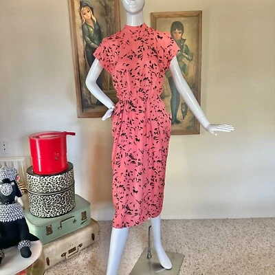 Vestido Vintage Años 80 Avant Garde Eléctrico Coral Estampado Nueva Ola Moveble Bolsillos M Foto 1 de 4