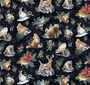 Hoffman Winter Tales Christmas Frost Wildlife Cotton Fabric By The Yard - Picture 1 of 4