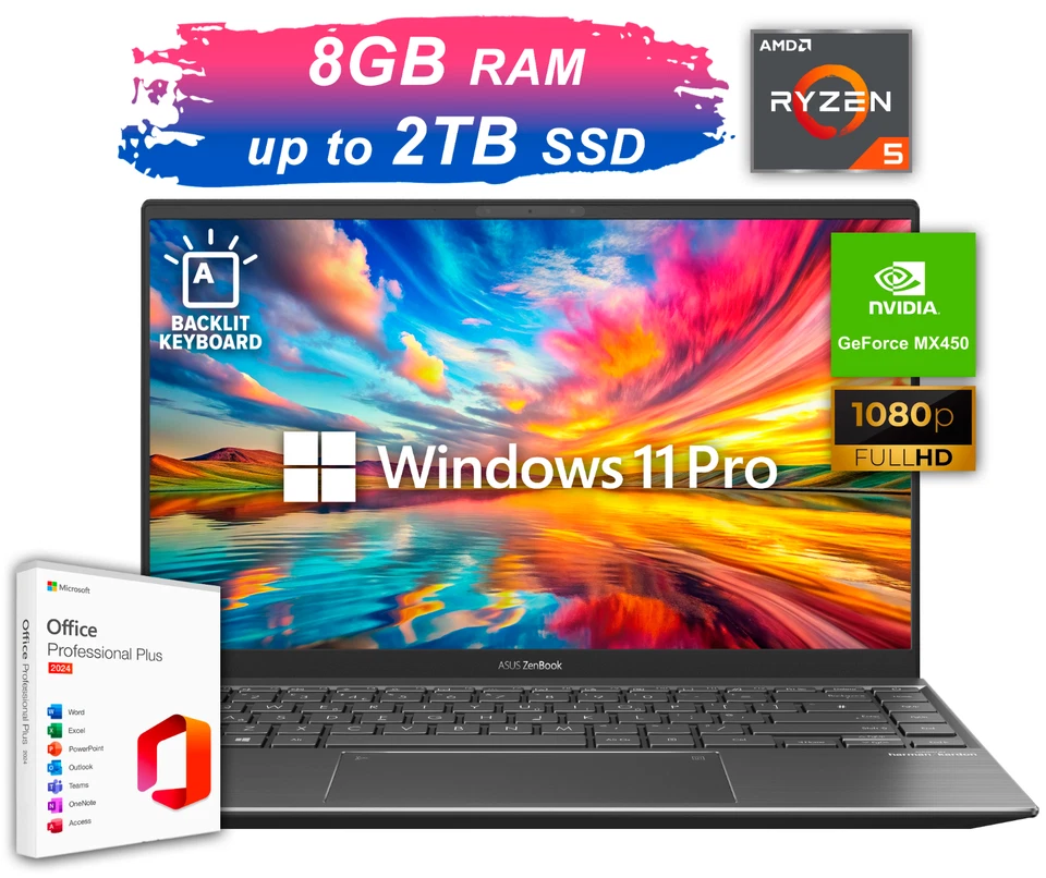 ASUS Zenbook Laptop Office 2024 14 6-Core AMD Ryzen 5 8GB RAM Upto 2TB SSD MX450 - Image 1 of 4