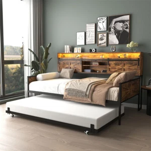 Twin Size Metal Daybed Frame w/Trundle,Wooden Storage Headboard & LED Light - Picture 1 of 11