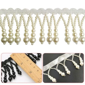 1Yard White/Black Bead Fringe Bridal Costume Tassel Sew Trim Curtain Edge Lace - Picture 1 of 14