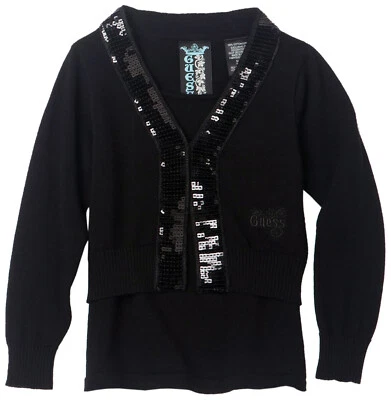 NWT Guess Big Girls' Sequin Trimmed 2-Fer Black sweater Size L(14) Foto 1 de 3