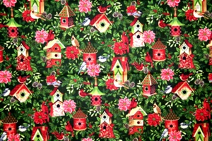 36x36 INCH PIECE - CHRISTMAS BIRDS AND BIRDHOUSES - 100% COTTON FABRIC - Picture 1 of 5