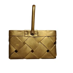 Vintage Solid Brass Weaved Basket Container "3.75 x 2.5" x  4.25" Handle Moves  - Picture 1 of 15