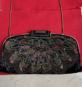 Vintage Midcentury 50s Black& Multicolor Beaded Purse Clutch.retro Purse - Picture 1 of 20