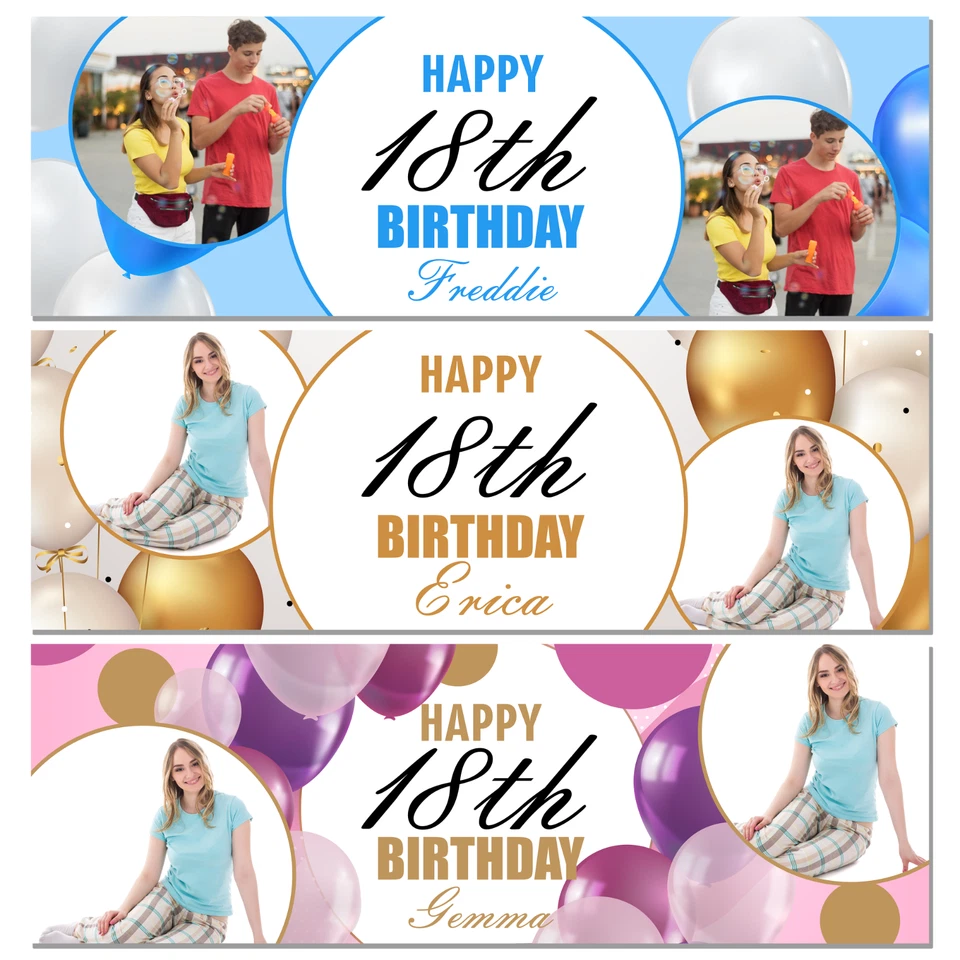 Personalised 18th Birthday Banner | 2 Photos | Pink, Blue, Gold Options - Image 1 of 1