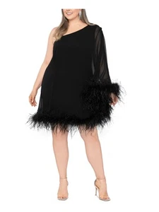 BETSY & ADAM Womens Black Lined Feathered Trim Single Sleeve Dress Plus 22W - Picture 1 of 8